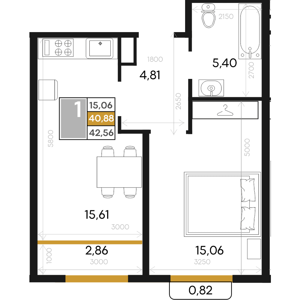 1-к, 42.56 м² · Алькор