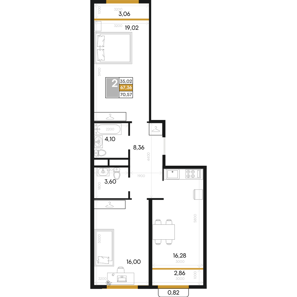 2-к, 70.57 м² · Алькор