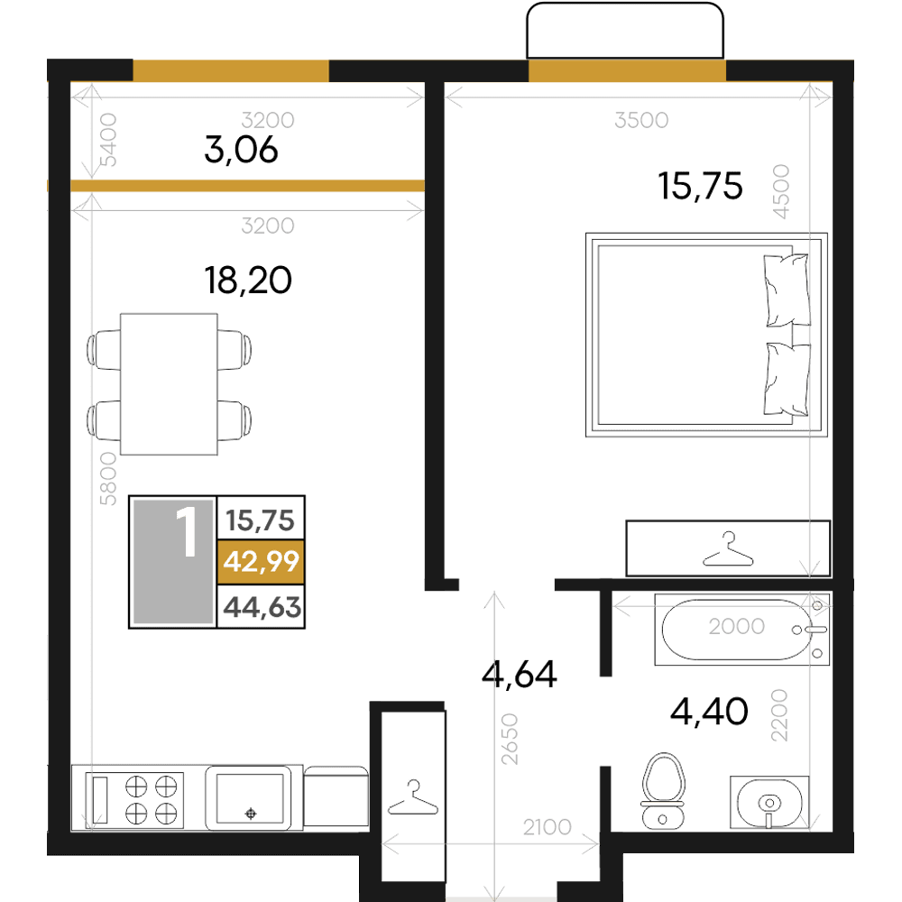 1-к, 44.63 м² · Алькор
