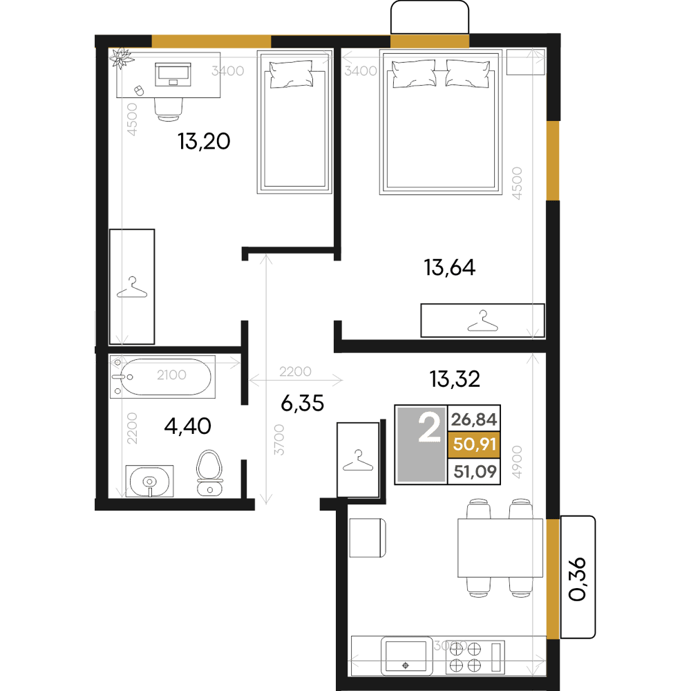 2-к, 51.09 м² · Алькор