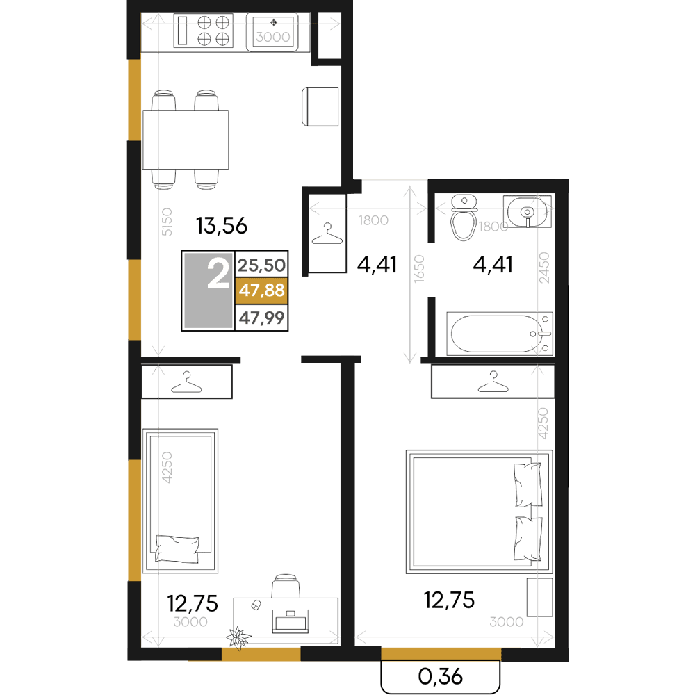 2-к, 47.99 м² · Алькор
