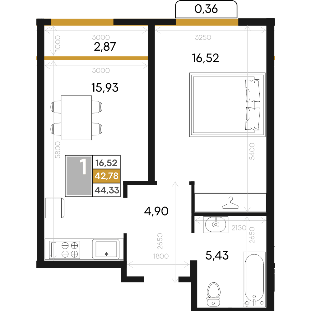 1-к, 44.33 м² · Алькор
