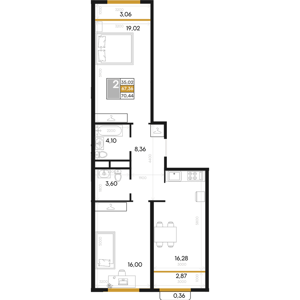 2-к, 70.44 м² · Алькор