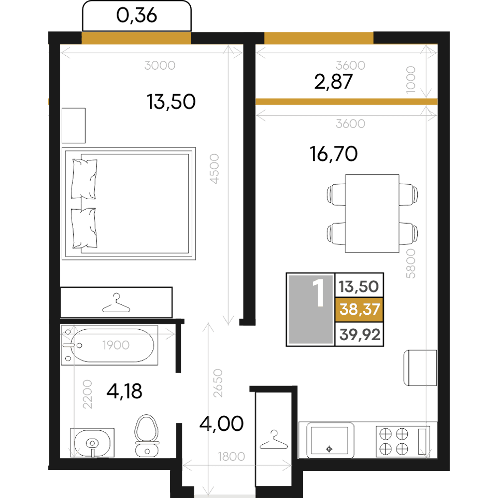 1-к, 39.92 м² · Алькор