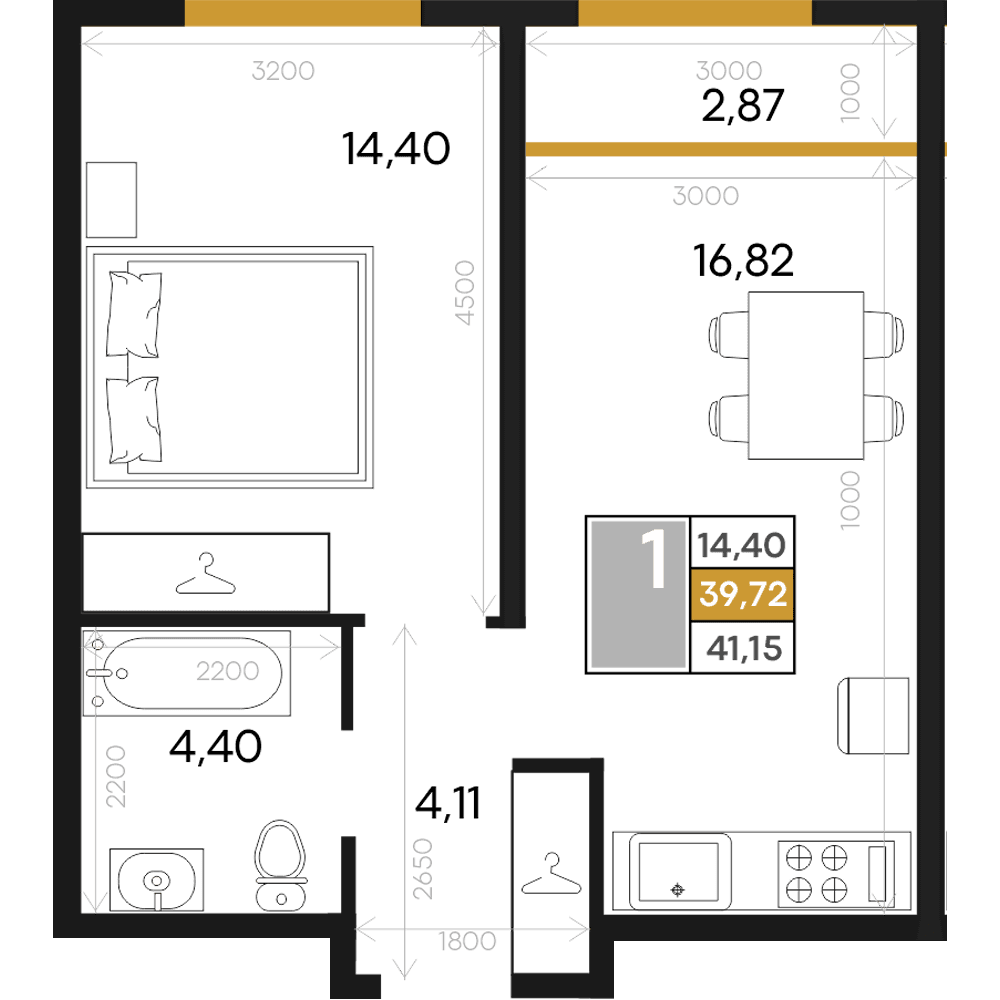1-к, 41.15 м² · Алькор