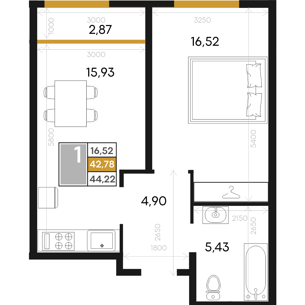 1-к, 44.22 м² · Алькор
