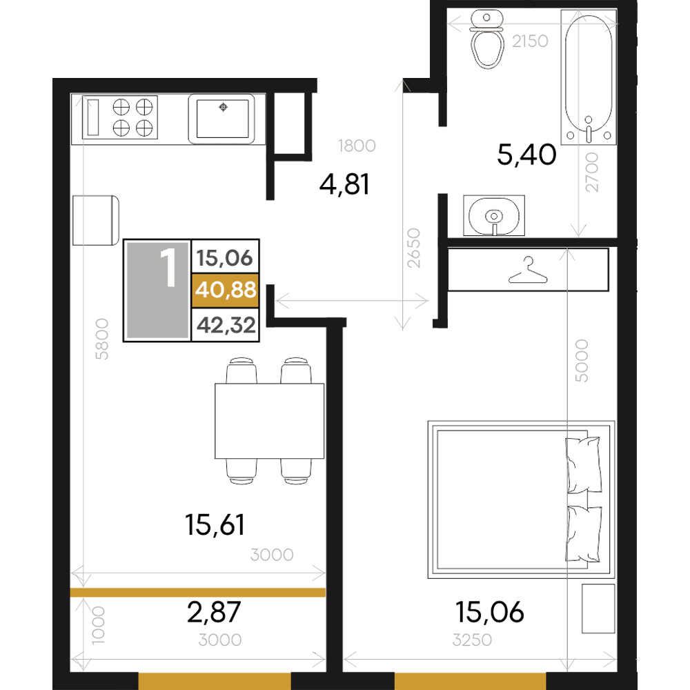 1-к, 42.32 м² · Алькор
