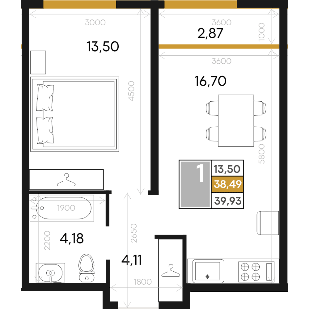 1-к, 39.93 м² · Алькор