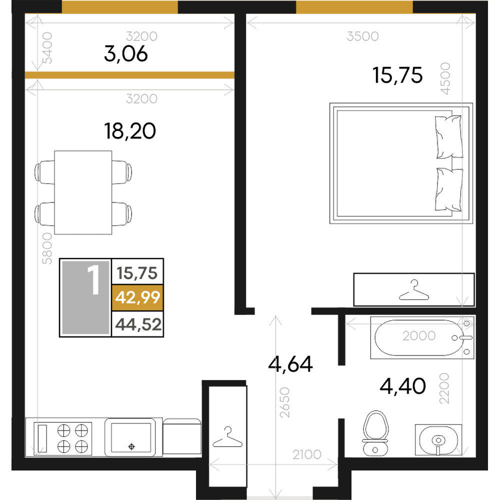 1-к, 44.52 м² · Алькор