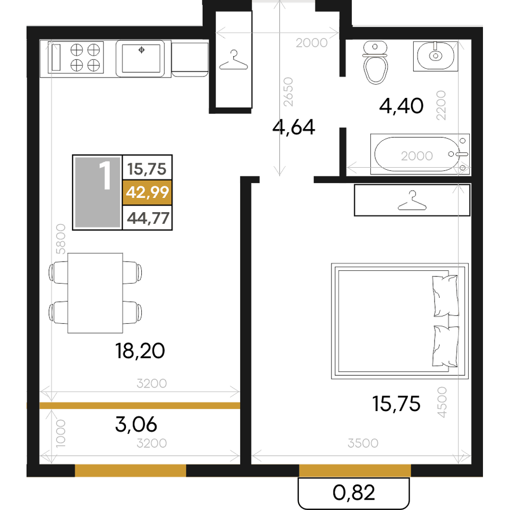 1-к, 44.77 м² · Алькор
