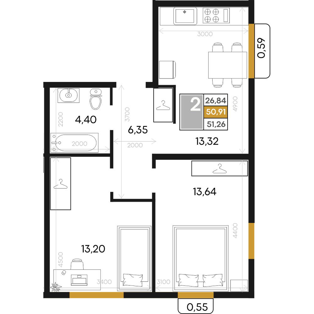 2-к, 51.26 м² · Алькор