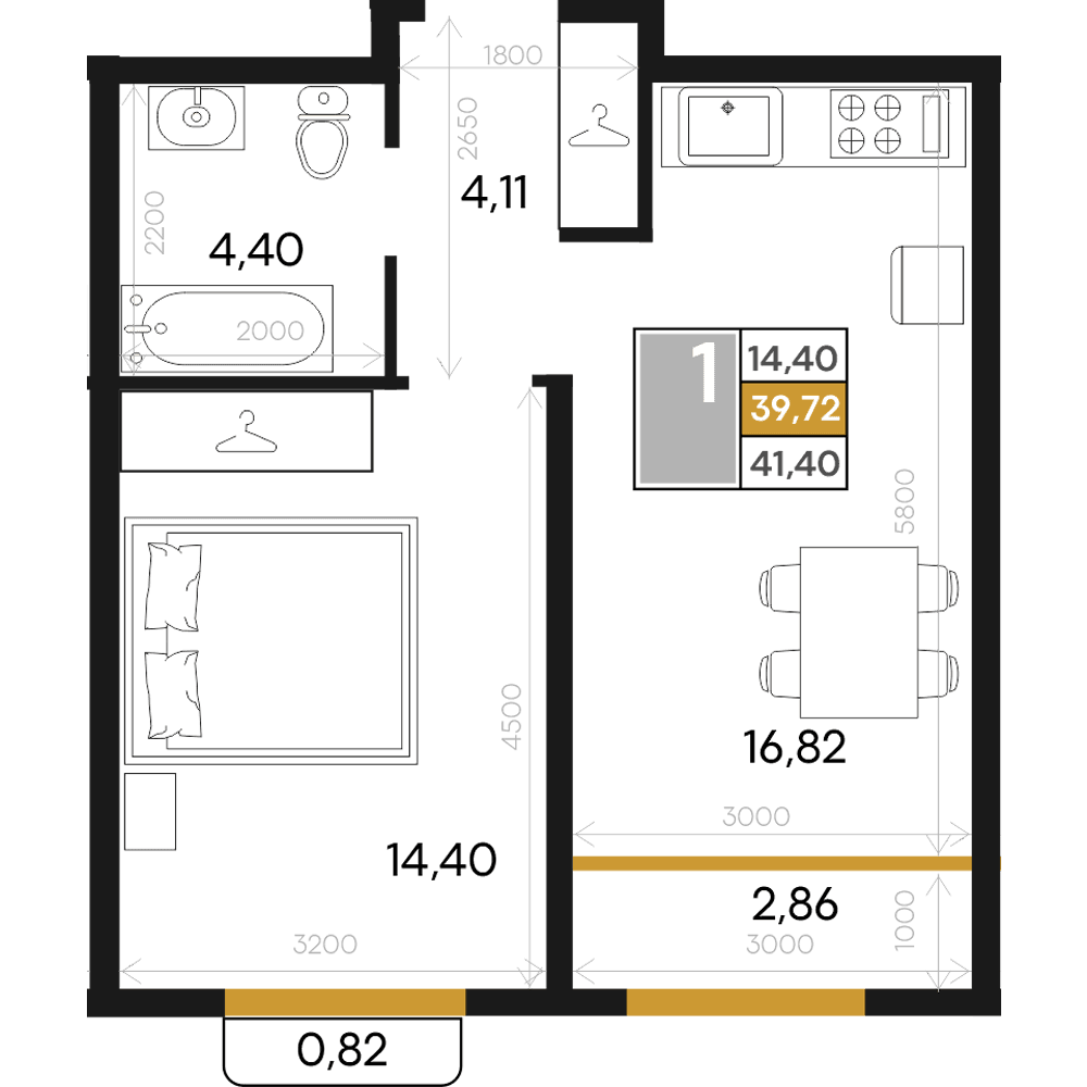 1-к, 41.4 м² · Алькор