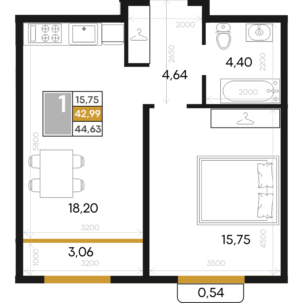1-к, 44.63 м² · Алькор