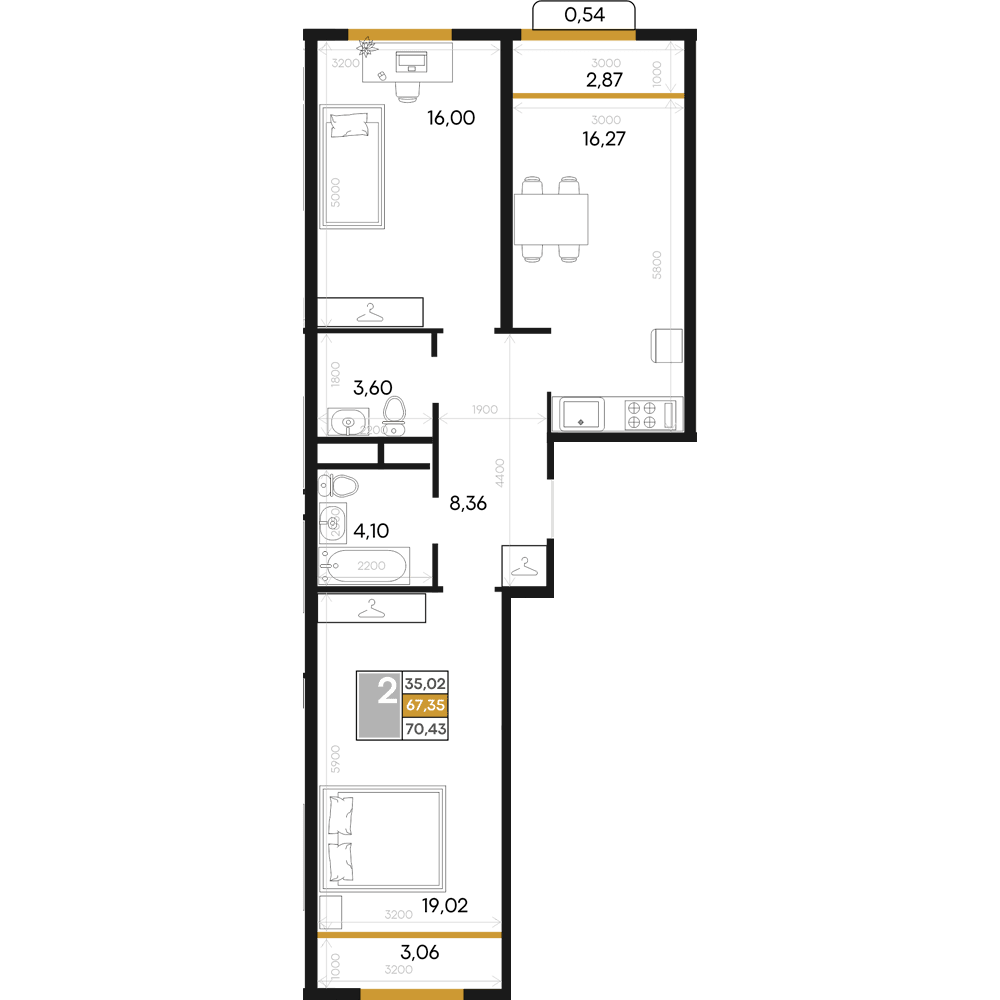 2-к, 70.43 м² · Алькор