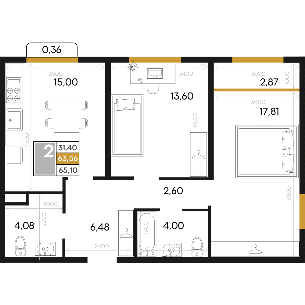 2-к, 65.1 м² · Алькор