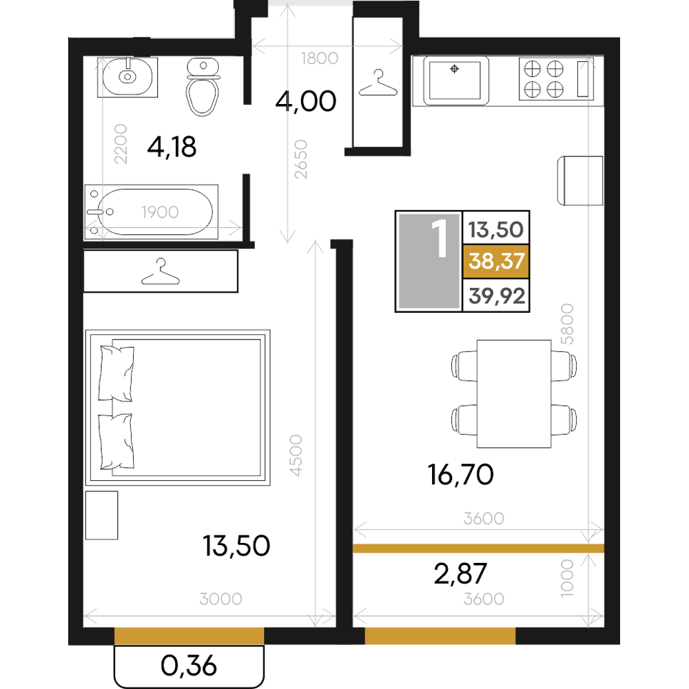 1-к, 39.92 м² · Алькор