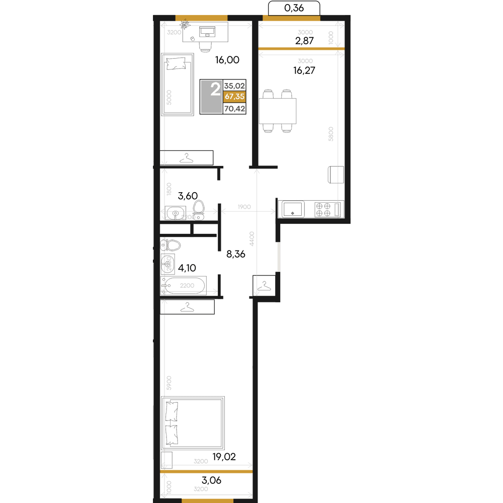 2-к, 70.42 м² · Алькор
