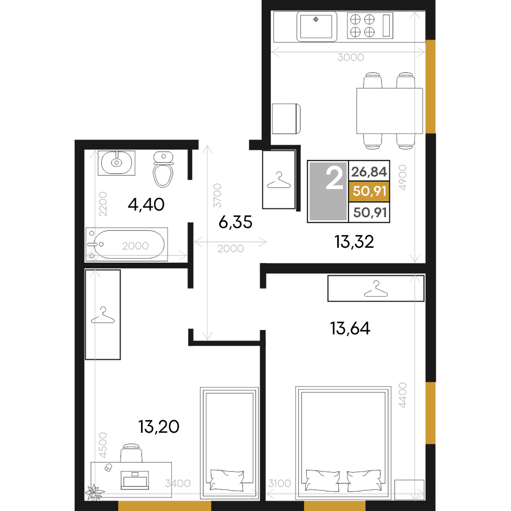 2-к, 50.91 м² · Алькор