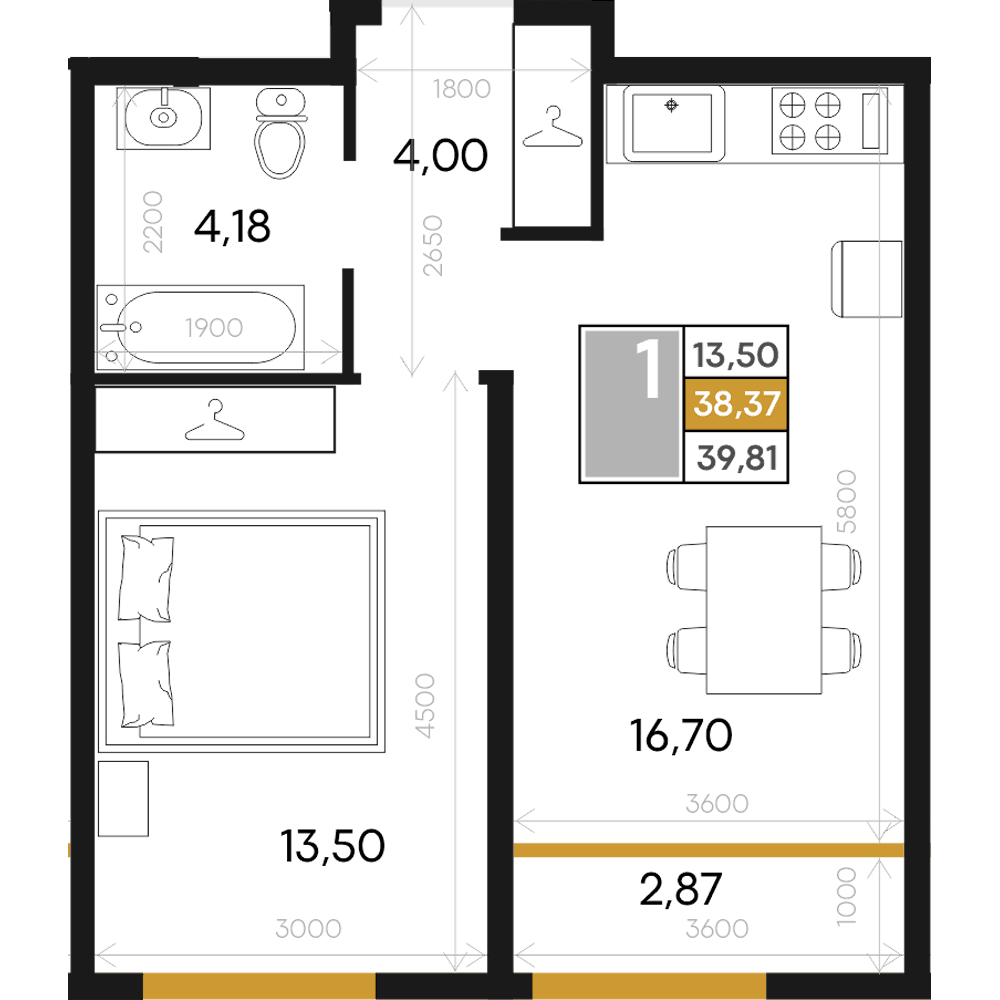 1-к, 39.81 м² · Алькор
