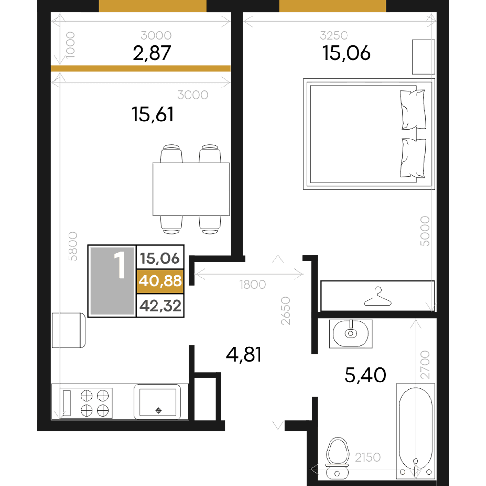 1-к, 42.32 м² · Алькор