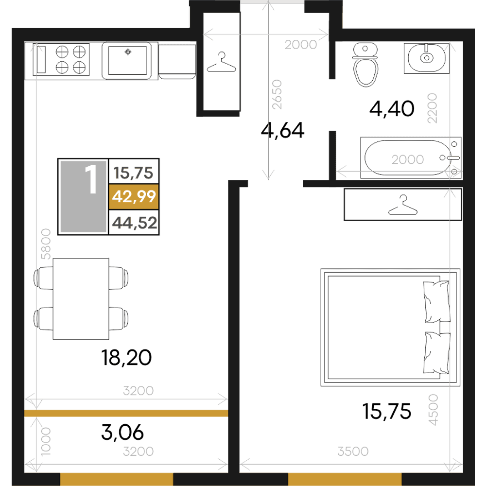 1-к, 44.52 м² · Алькор
