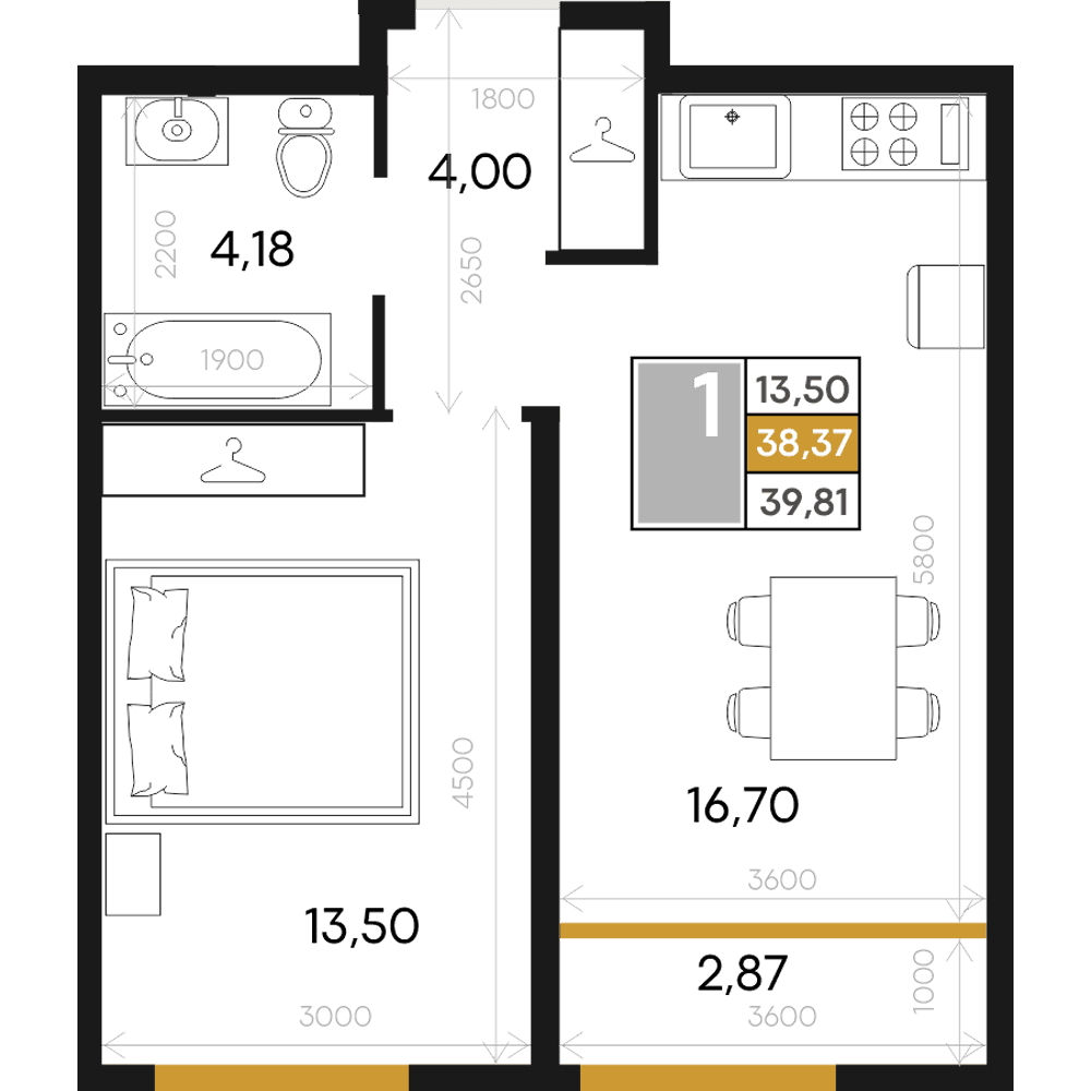 1-к, 39.81 м² · Алькор