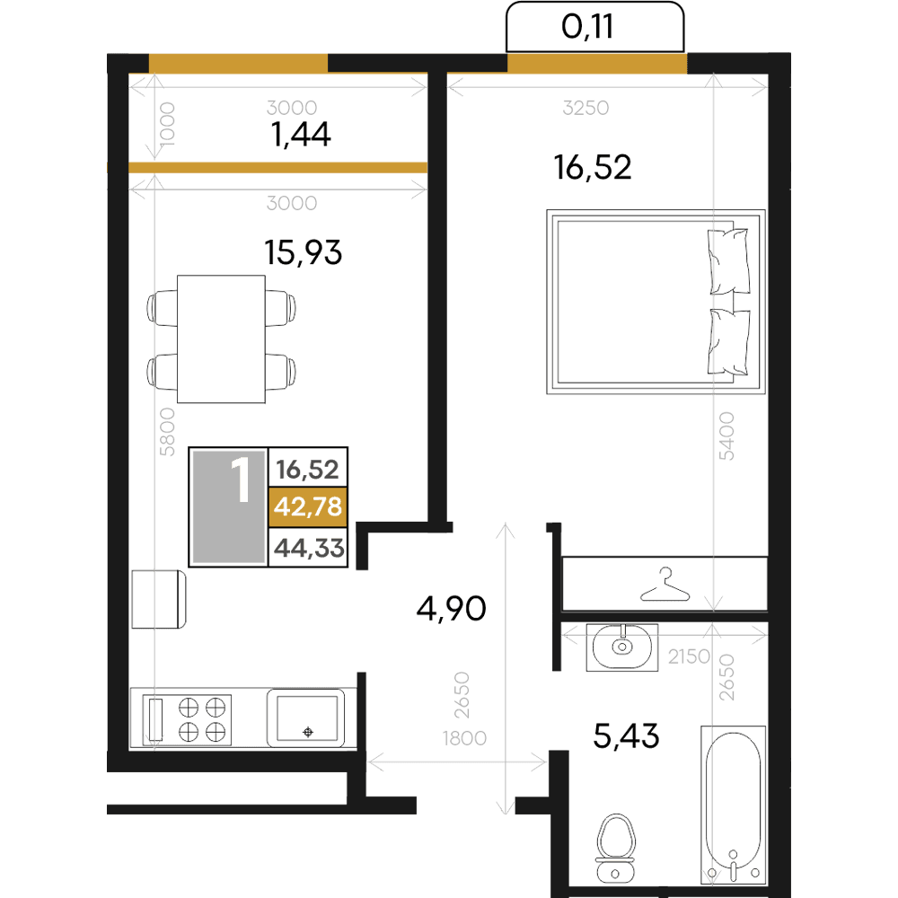 1-к, 44.33 м² · Алькор