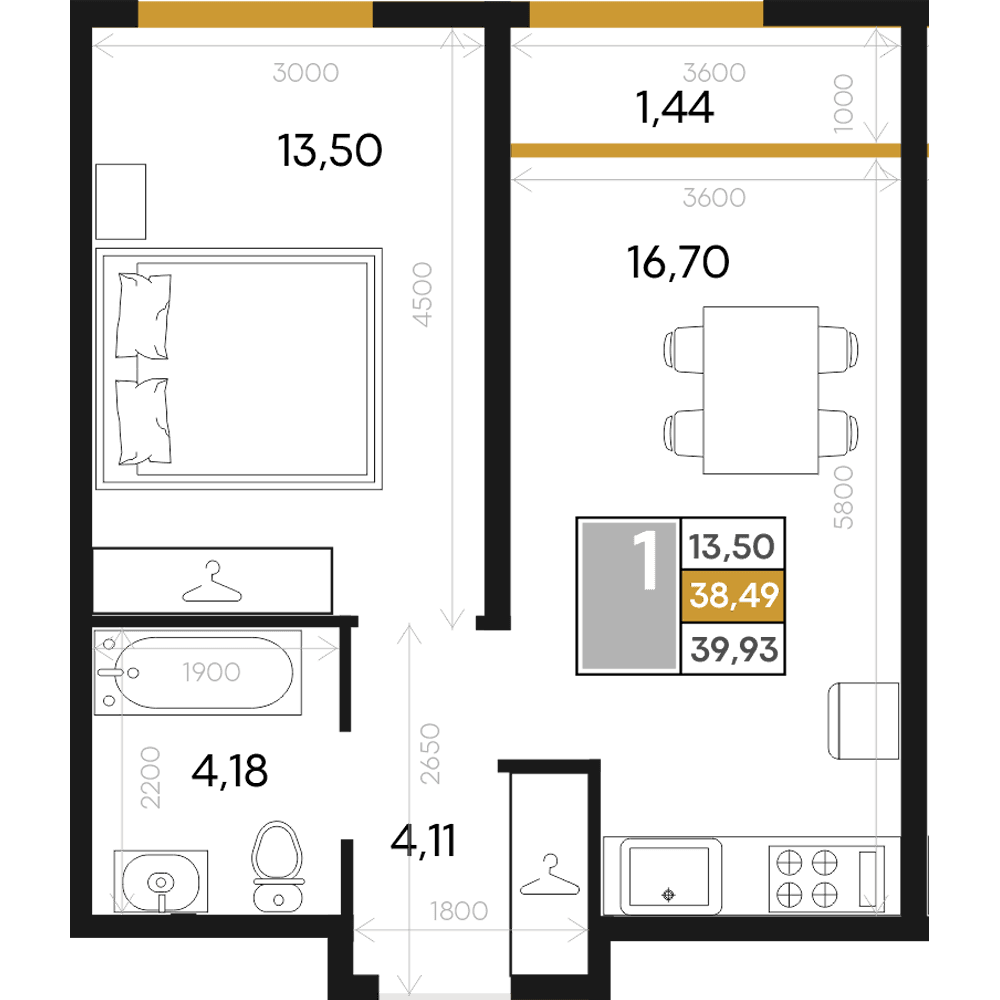 1-к, 39.93 м² · Алькор