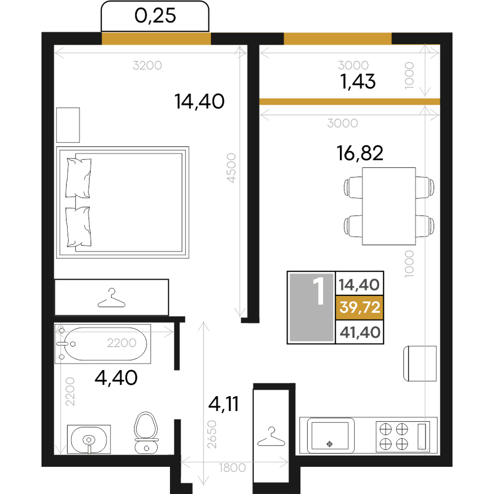 1-к, 41.4 м² · Алькор