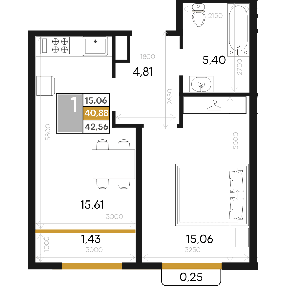 1-к, 42.56 м² · Алькор