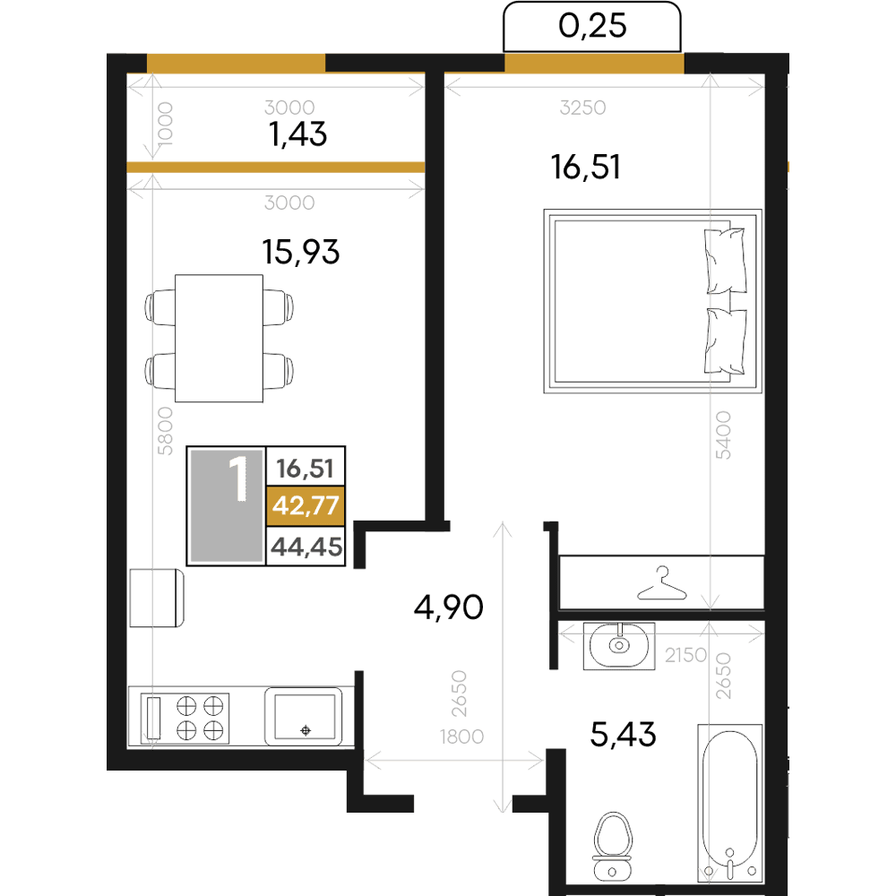 1-к, 44.45 м² · Алькор
