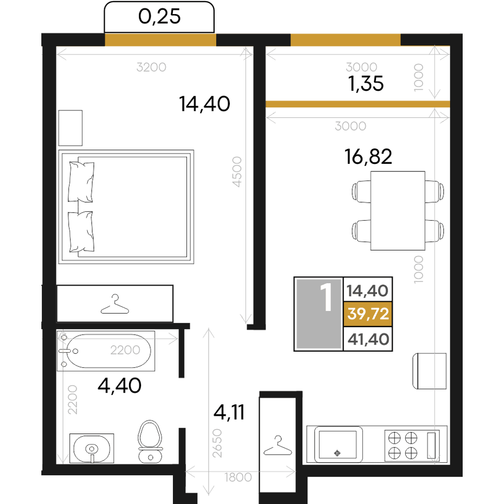 1-к, 41.4 м² · Алькор