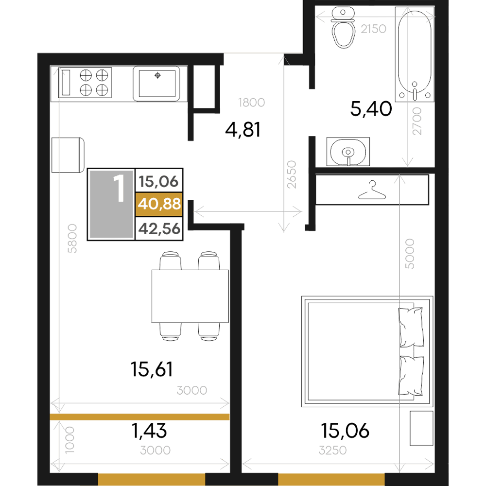 1-к, 42.56 м² · Алькор