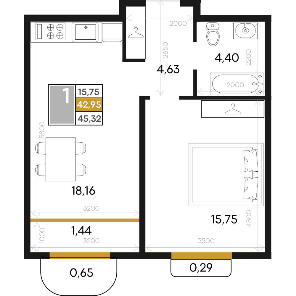 1-к, 45.32 м² · Алькор