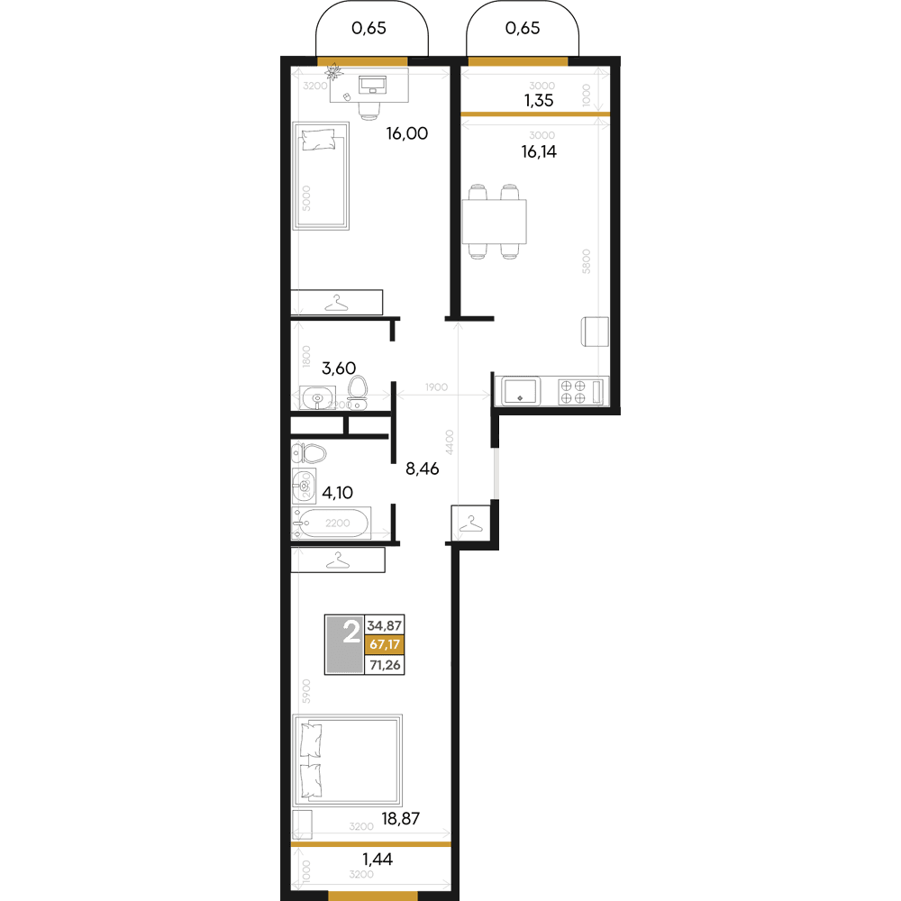 2-к, 71.26 м² · Алькор