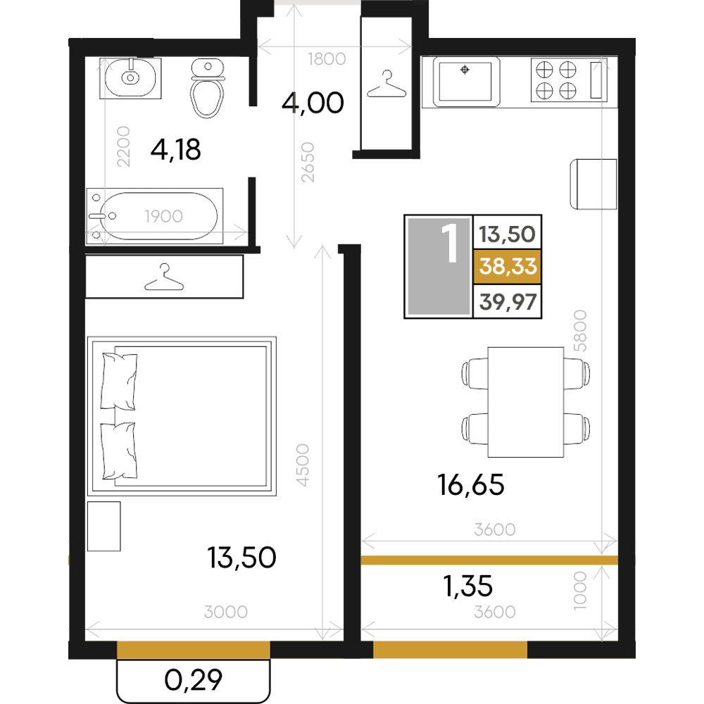 1-к, 39.97 м² · Алькор