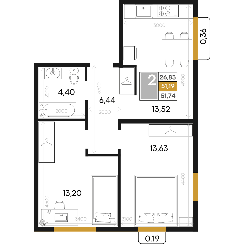 2-к, 51.74 м² · Алькор