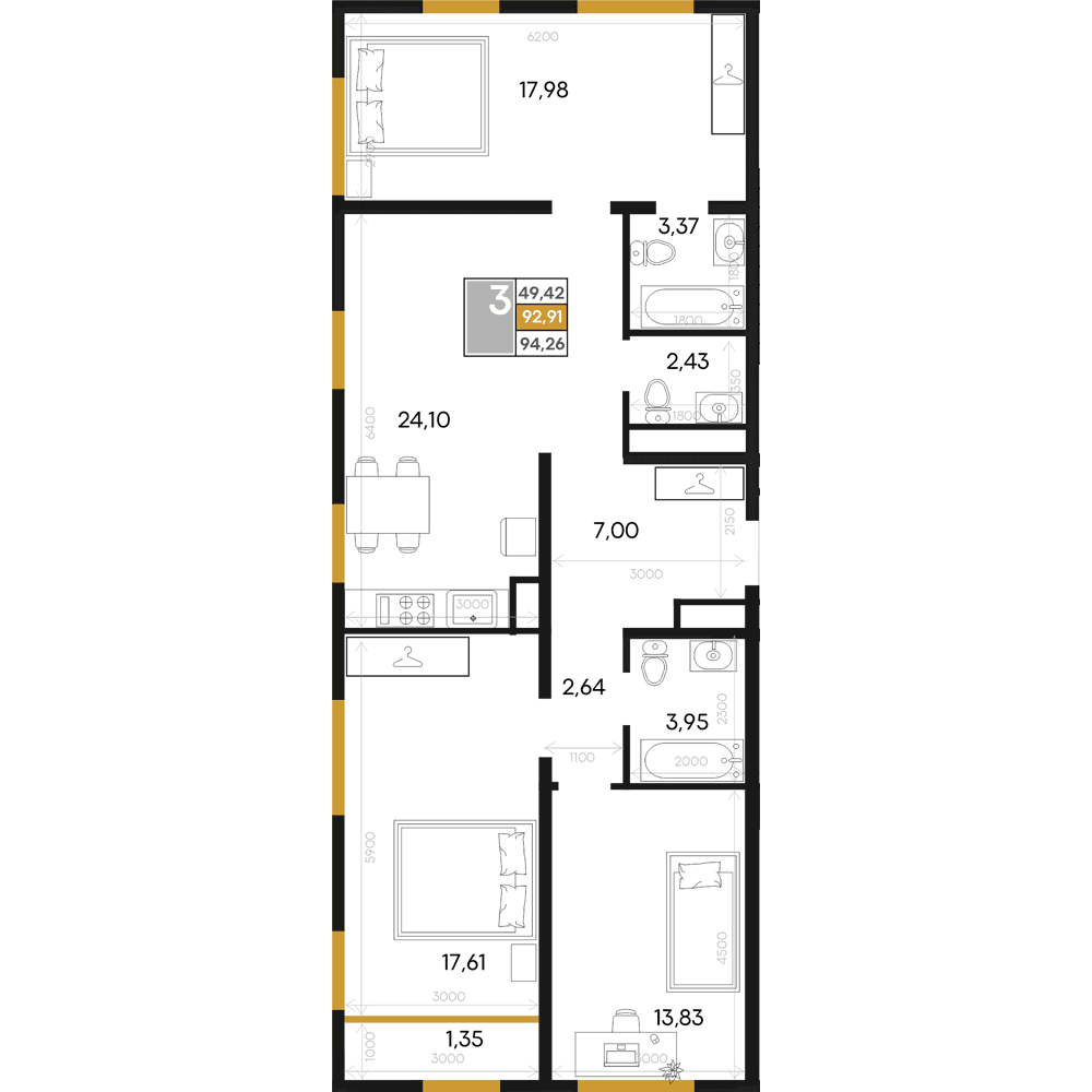 3-к, 94.26 м² · Алькор