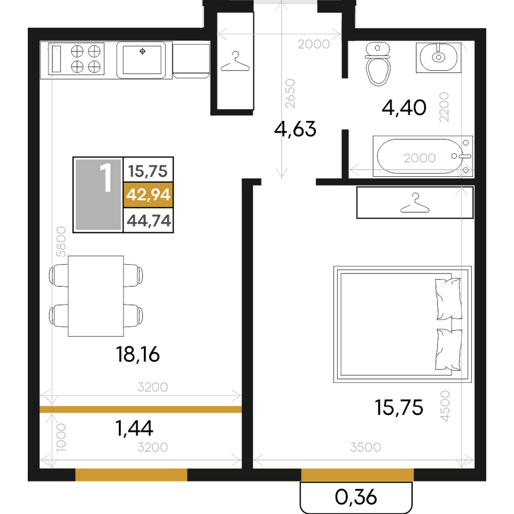 1-к, 44.74 м² · Алькор