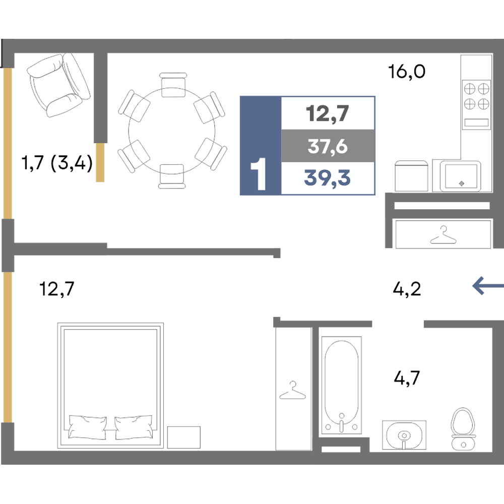 1-к, 39.3 м² · Прогресс