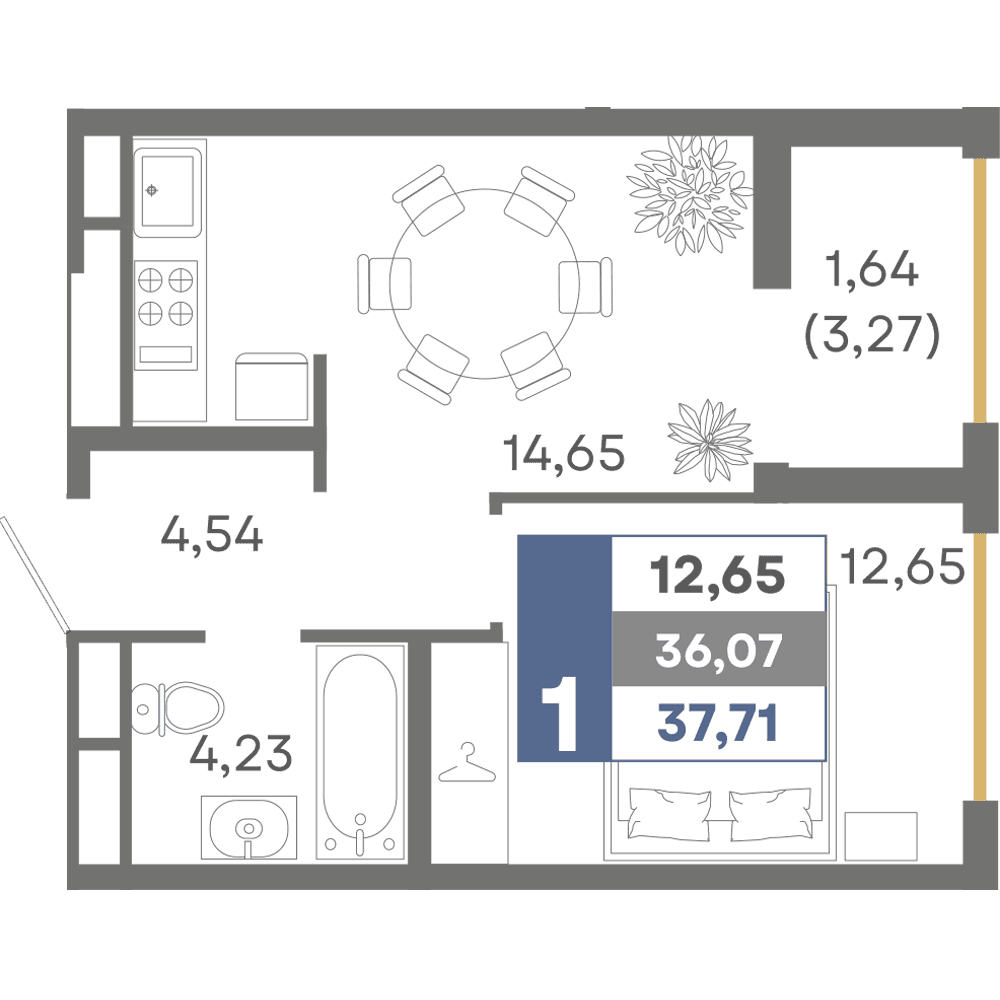 1-к, 37.71 м² · Миндаль