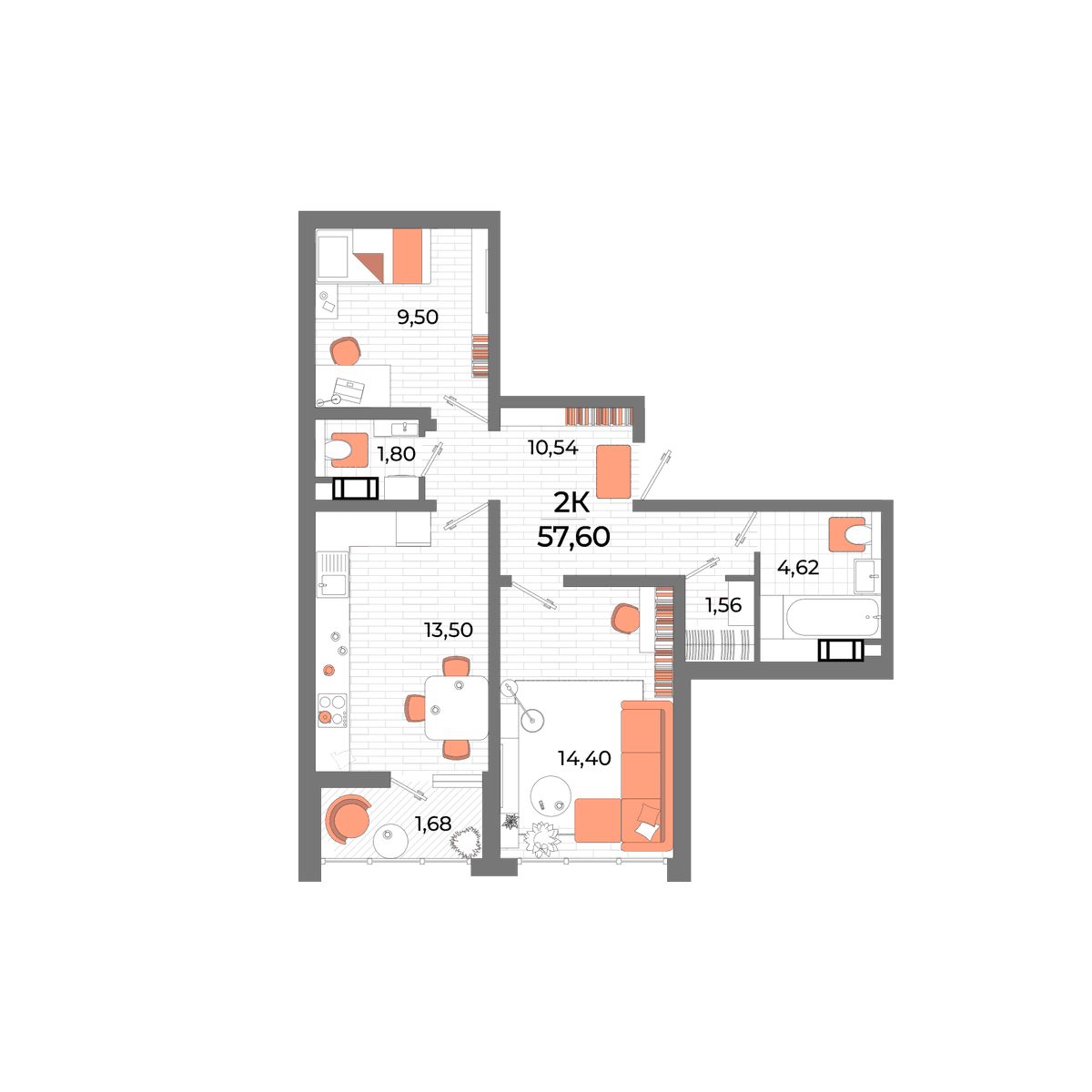 2-к, 56.8 м² · Мойнако Ривьера