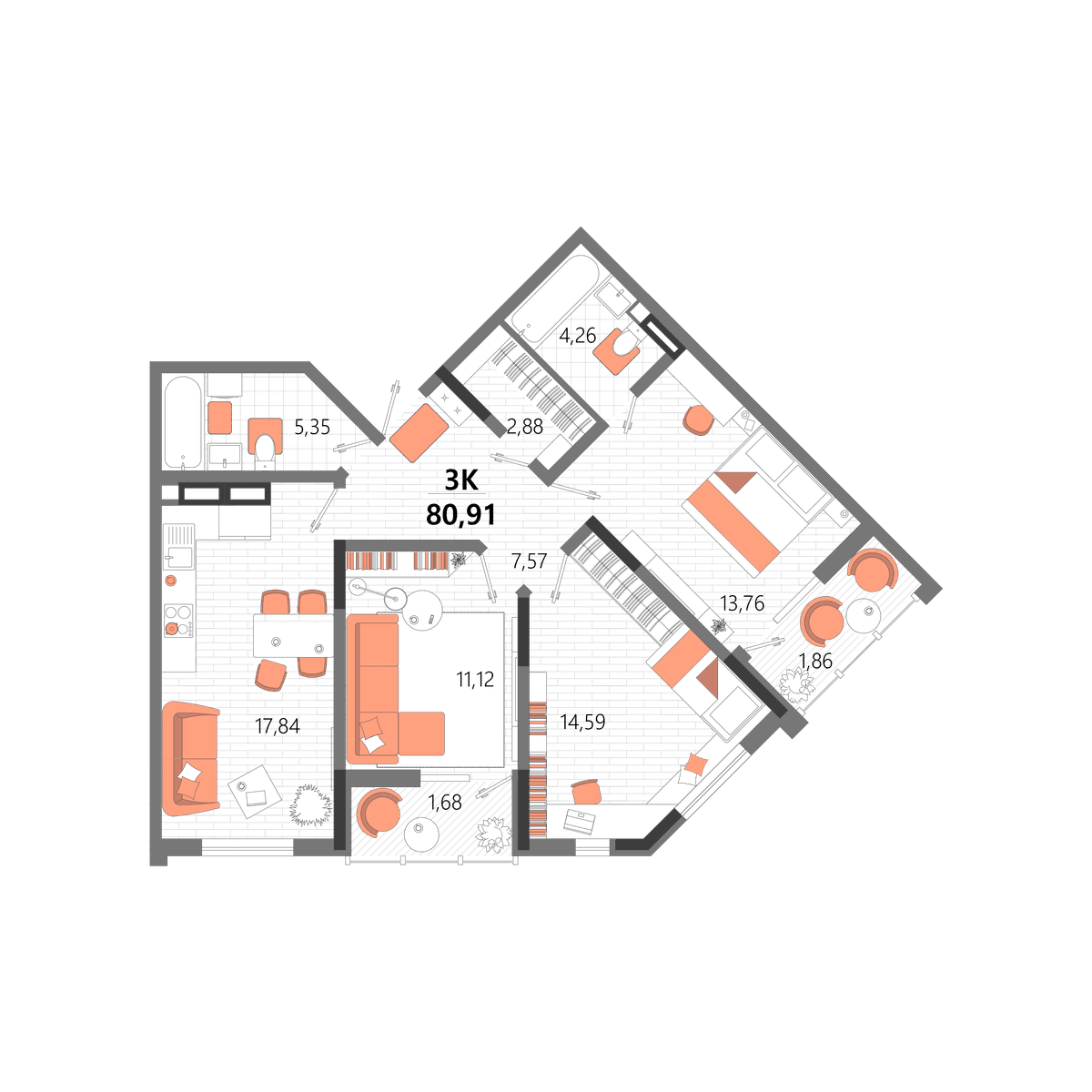 3-к, 80.91 м² · Мойнако Ривьера