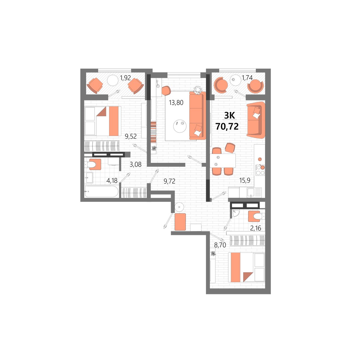 3-к, 70.72 м² · Мойнако Ривьера