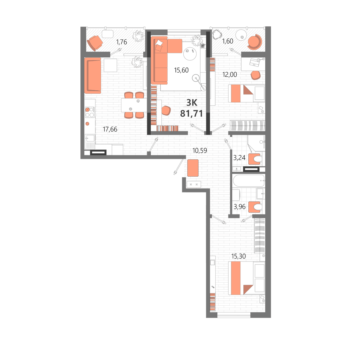 3-к, 81.71 м² · Мойнако Ривьера