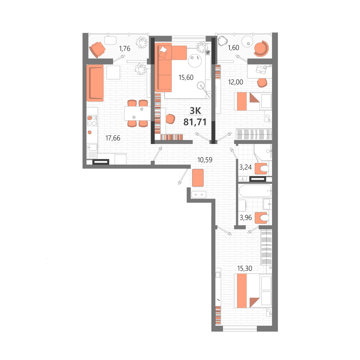 3-к, 81.71 м² · Мойнако Ривьера