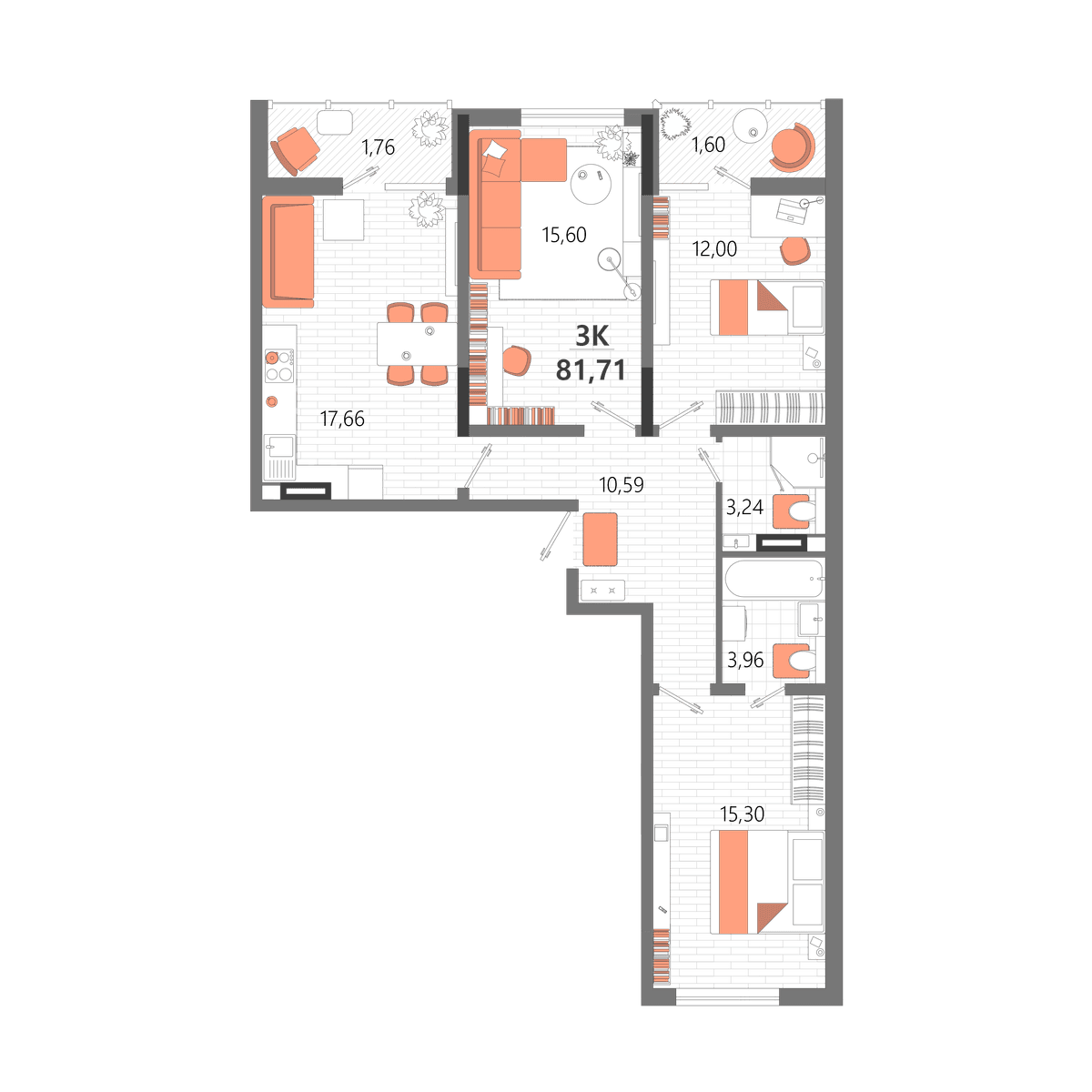 3-к, 81.71 м² · Мойнако Ривьера