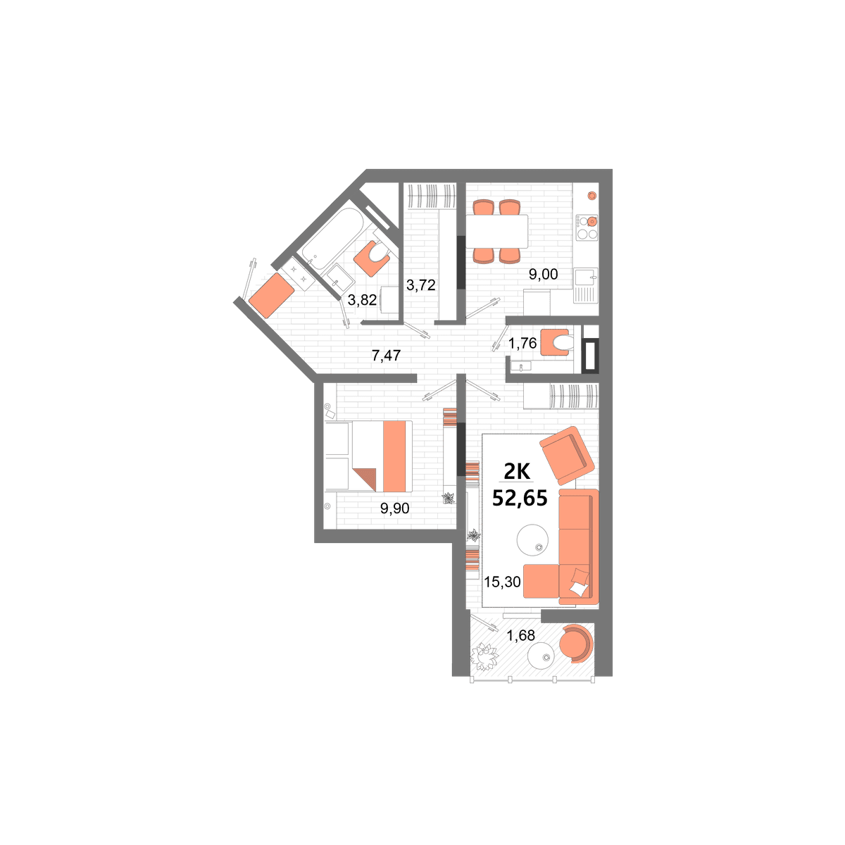2-к, 52.65 м² · Мойнако Ривьера