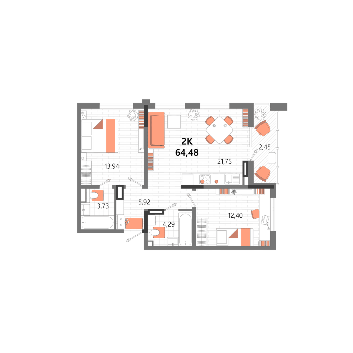 2-к, 64.48 м² · Мойнако Ривьера