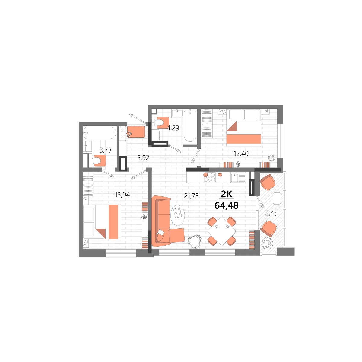 2-к, 64.48 м² · Мойнако Ривьера